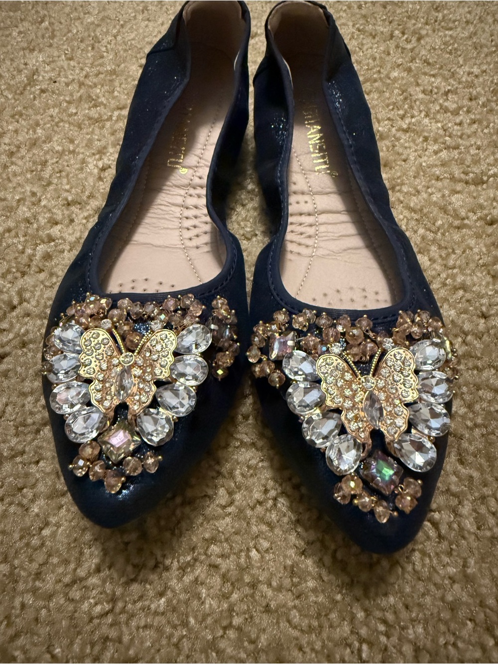 Embellished Navy Ballet Flats with Crystal Butterfly